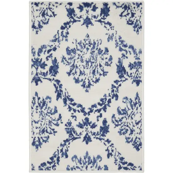 Ivory and Navy Blue Damask Distressed Area Rug Photo 2