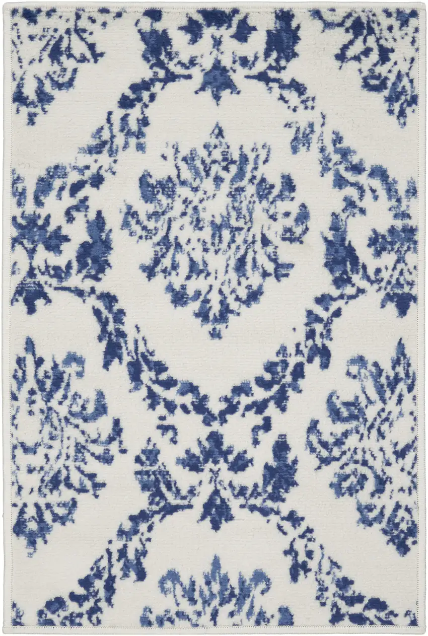 Ivory and Navy Blue Damask Distressed Area Rug Photo 2