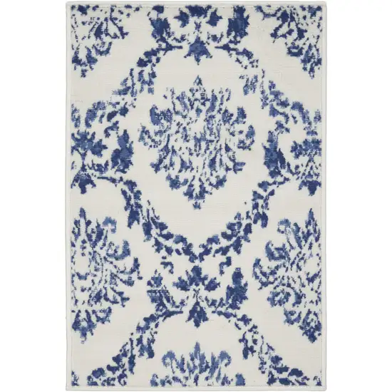 Ivory and Navy Blue Damask Distressed Area Rug Photo 8