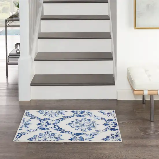 Ivory and Navy Blue Damask Distressed Area Rug Photo 4