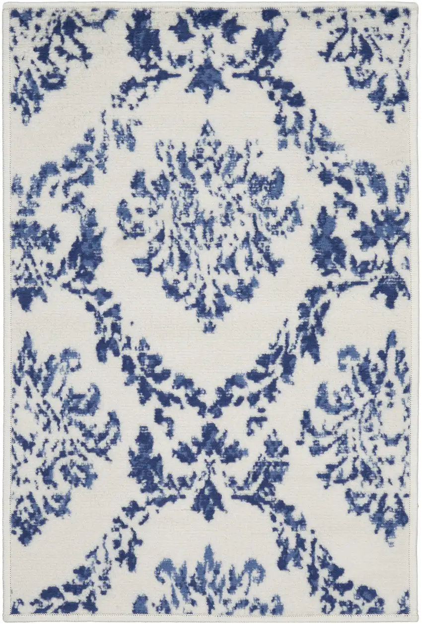 Ivory and Navy Blue Damask Distressed Area Rug Photo 4