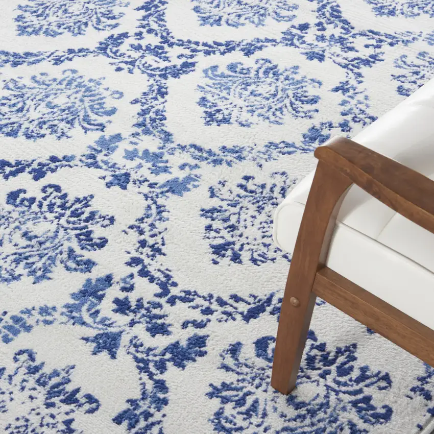 Ivory and Navy Blue Damask Distressed Non Skid Area Rug Photo 8