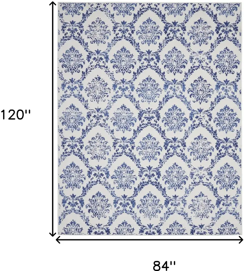 Ivory and Navy Blue Damask Distressed Non Skid Area Rug Photo 3