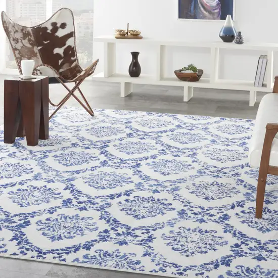 Ivory and Navy Blue Damask Distressed Non Skid Area Rug Photo 3