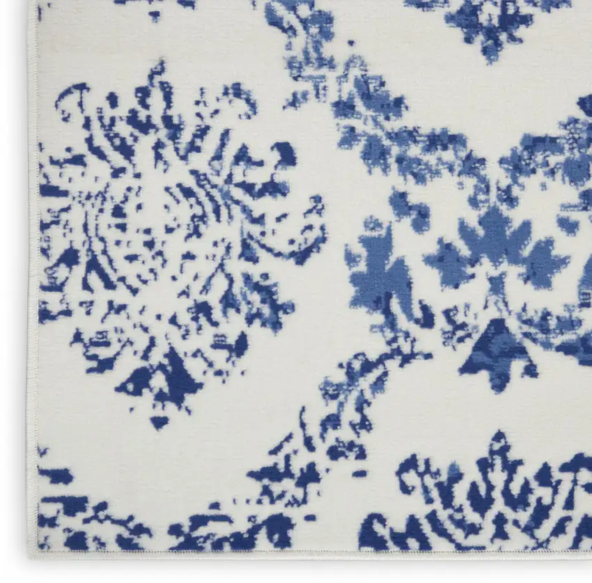 Ivory and Navy Blue Damask Distressed Non Skid Area Rug Photo 7