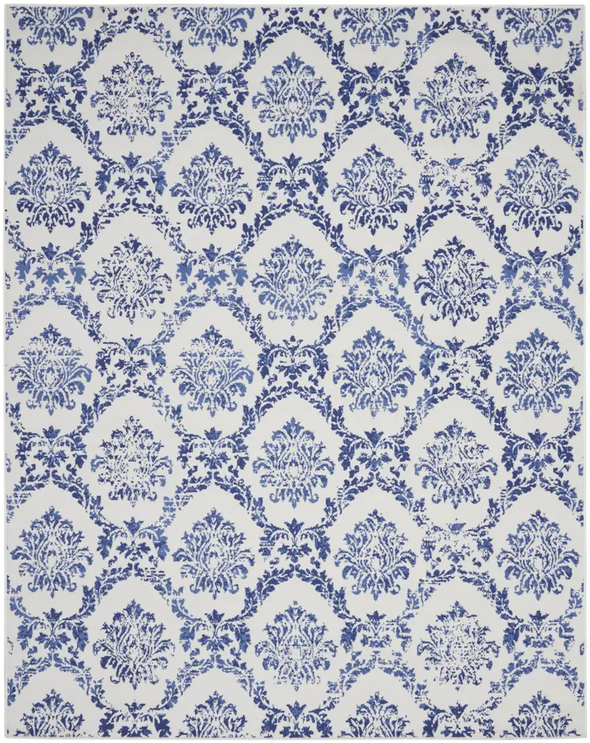 Ivory and Navy Blue Damask Distressed Non Skid Area Rug Photo 2