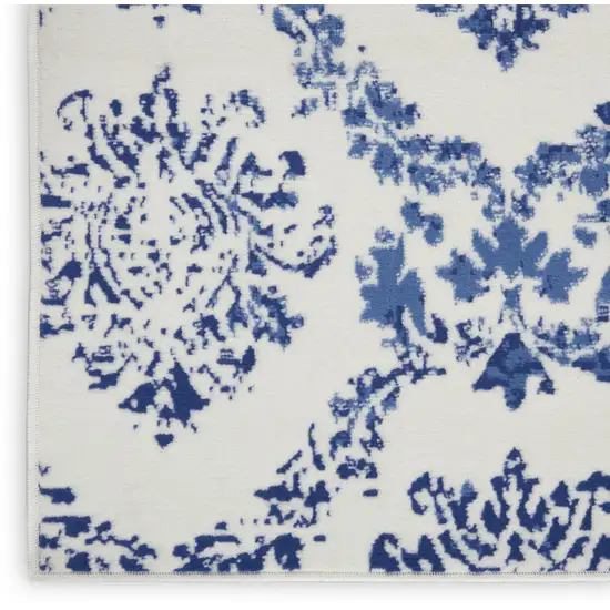 Ivory and Navy Blue Damask Distressed Non Skid Area Rug Photo 8