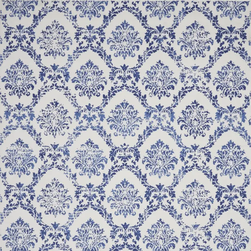 Ivory and Navy Blue Damask Distressed Non Skid Area Rug Photo 5