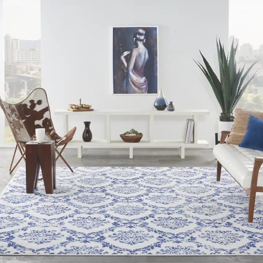 Ivory and Navy Blue Damask Distressed Non Skid Area Rug Photo 6