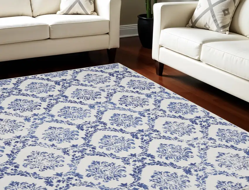 Ivory and Navy Blue Damask Distressed Non Skid Area Rug Photo 1