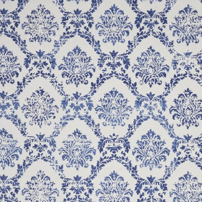 Ivory and Navy Blue Damask Distressed Non Skid Area Rug Photo 4