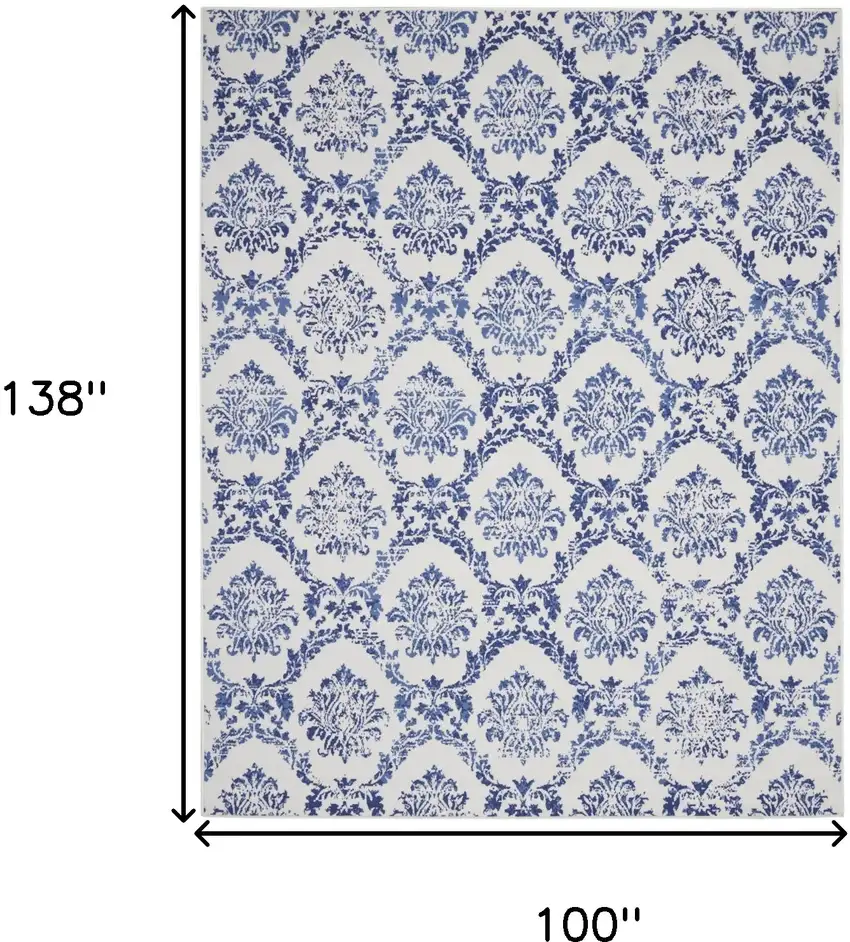 Ivory and Navy Blue Damask Distressed Non Skid Area Rug Photo 3