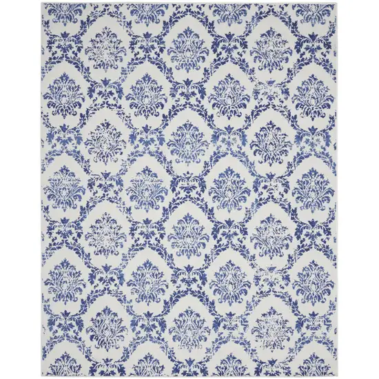 Ivory and Navy Blue Damask Distressed Non Skid Area Rug Photo 1