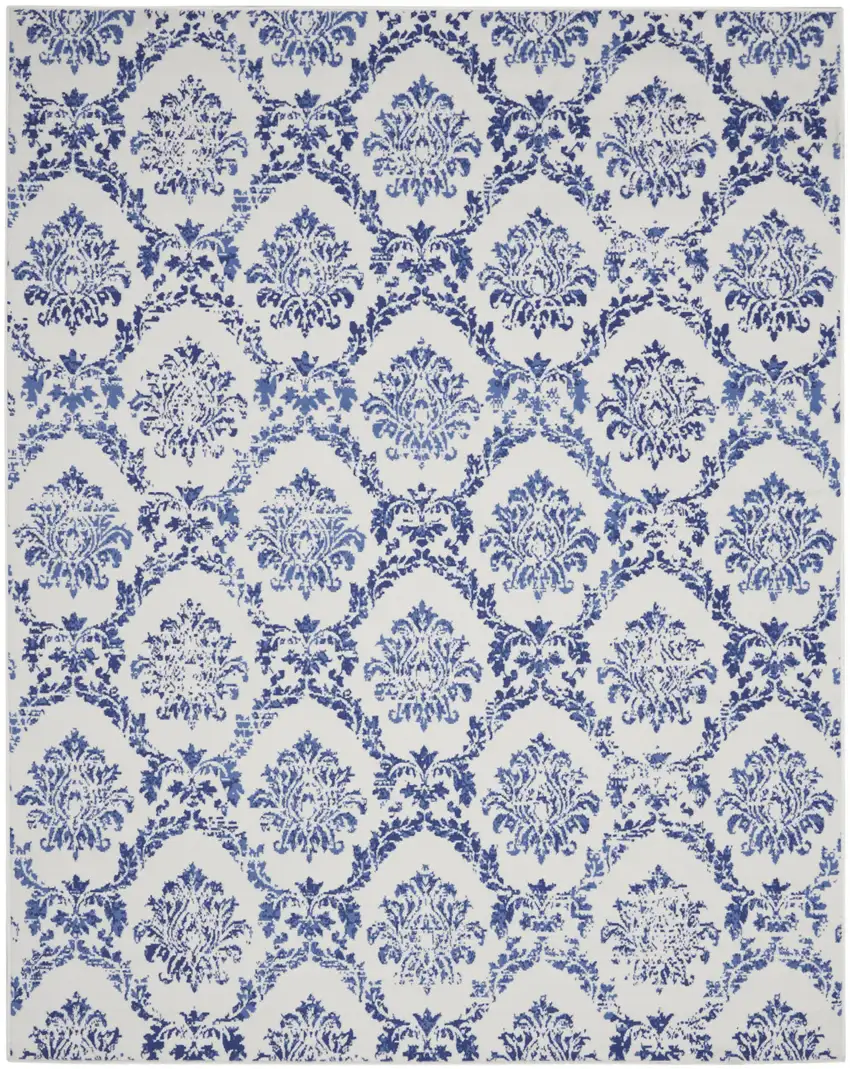 Ivory and Navy Blue Damask Distressed Non Skid Area Rug Photo 1