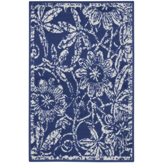 Ivory and Navy Blue Floral Distressed Area Rug Photo 8