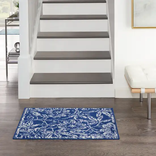 Ivory and Navy Blue Floral Distressed Area Rug Photo 4
