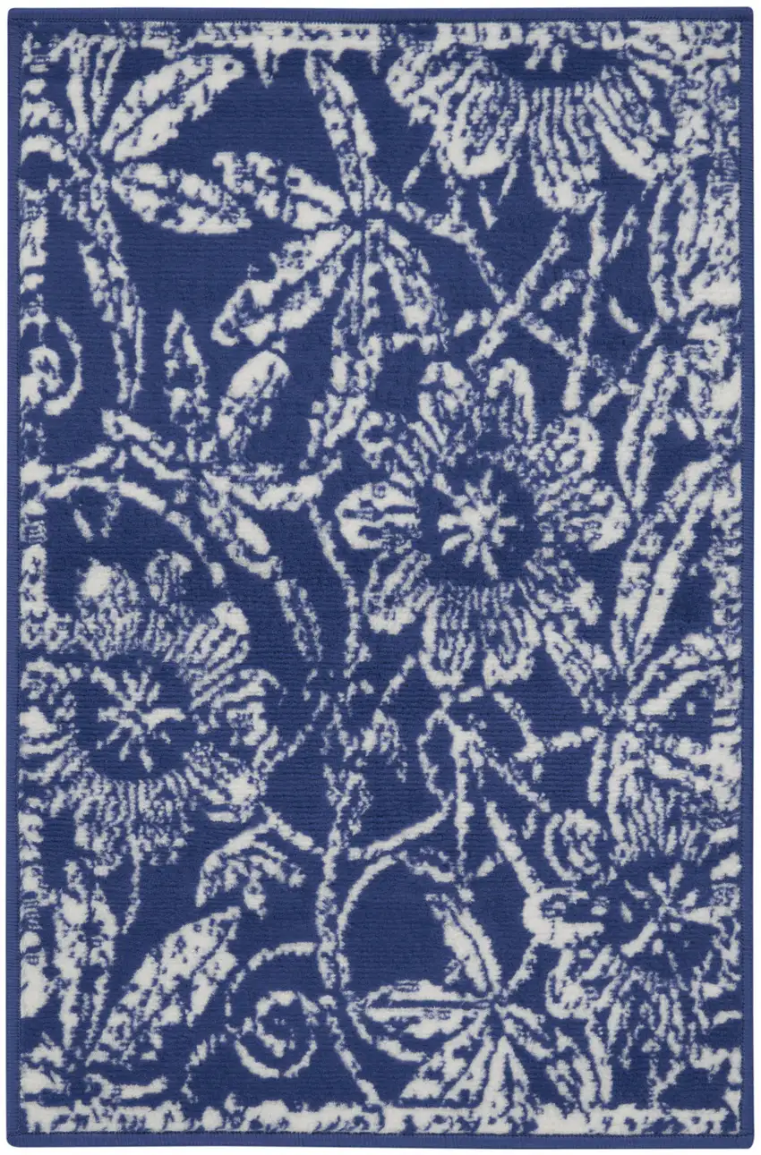 Ivory and Navy Blue Floral Distressed Area Rug Photo 2