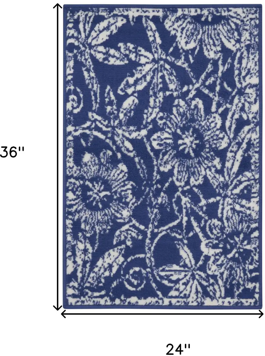 Ivory and Navy Blue Floral Distressed Area Rug Photo 3