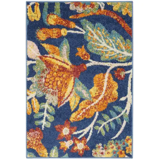 Ivory and Navy Blue Floral Distressed Area Rug Photo 1