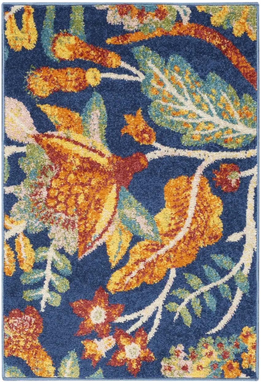 Ivory and Navy Blue Floral Distressed Area Rug Photo 1