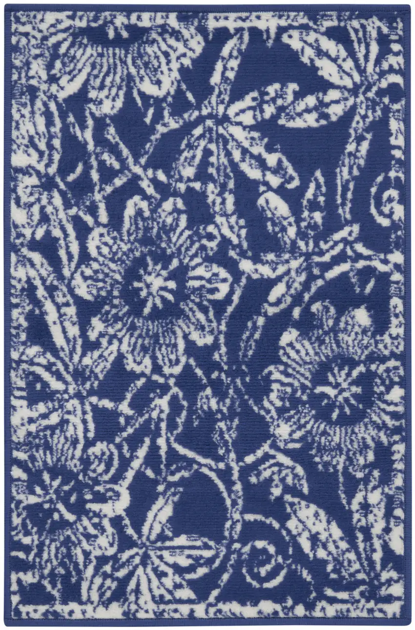 Ivory and Navy Blue Floral Distressed Area Rug Photo 4