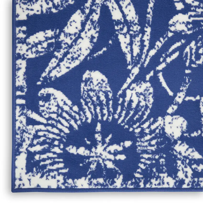 Ivory and Navy Blue Floral Distressed Non Skid Area Rug Photo 8