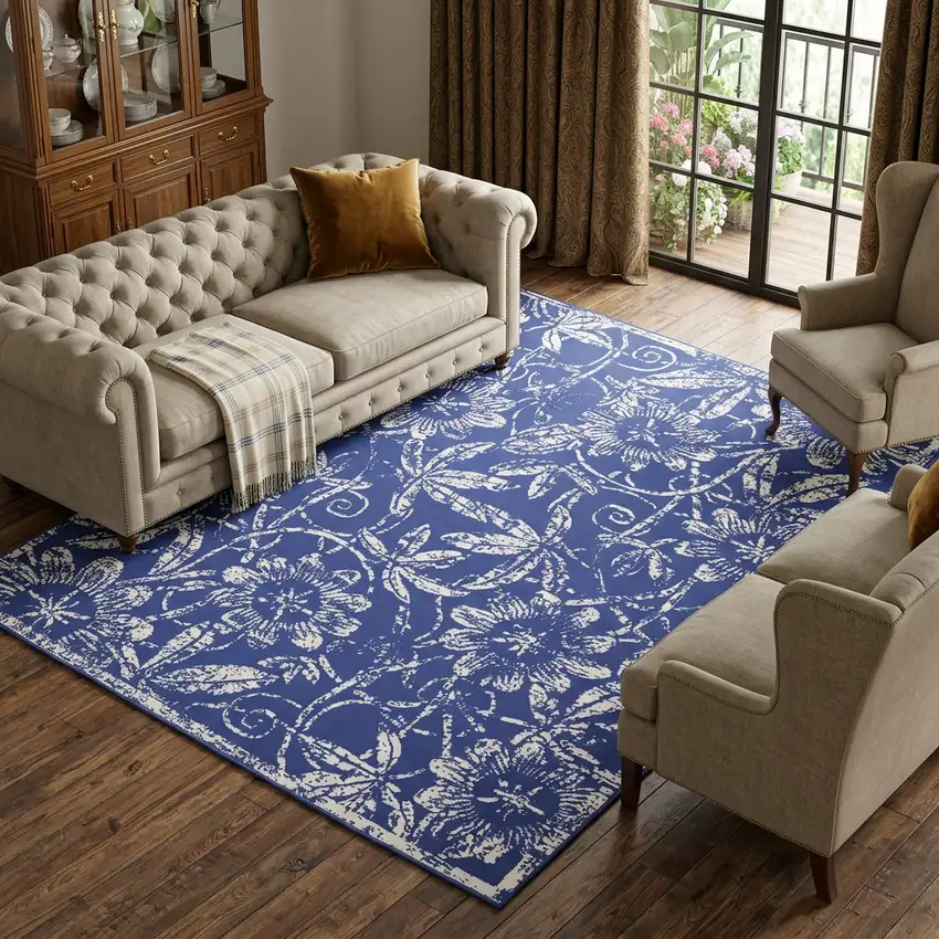 Ivory and Navy Blue Floral Distressed Non Skid Area Rug Photo 1
