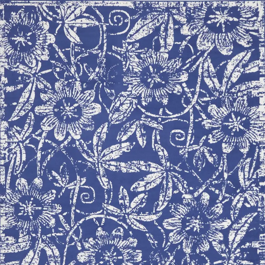 Ivory and Navy Blue Floral Distressed Non Skid Area Rug Photo 5