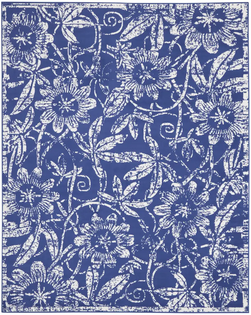 Ivory and Navy Blue Floral Distressed Non Skid Area Rug Photo 2