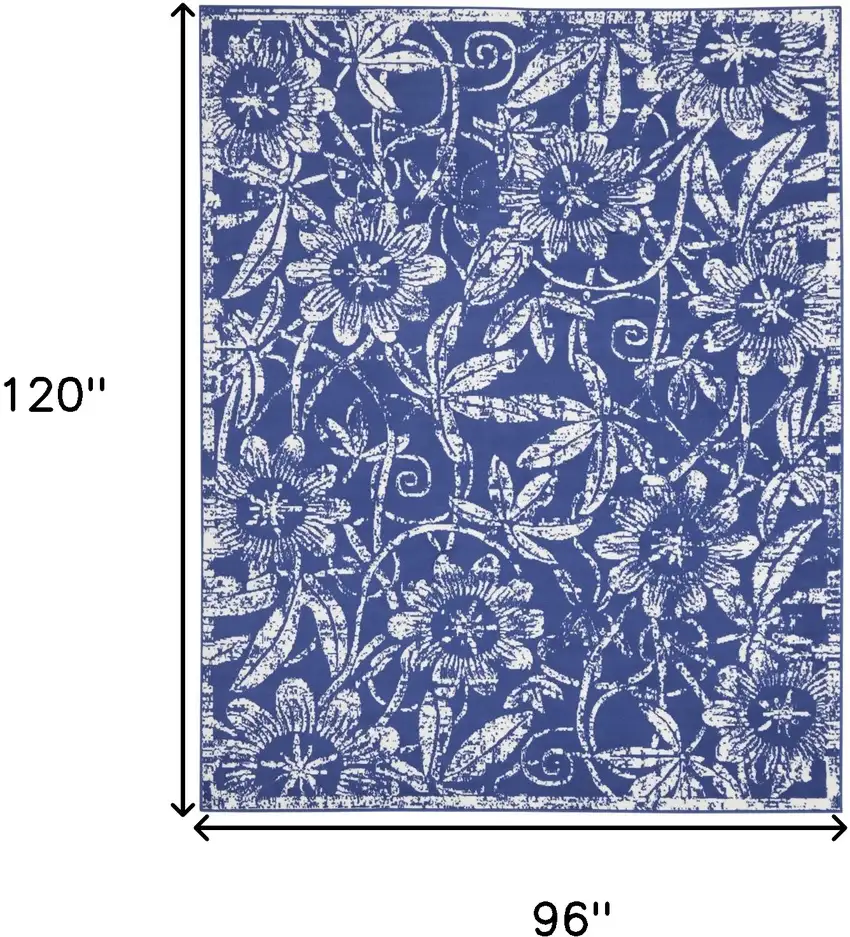 Ivory and Navy Blue Floral Distressed Non Skid Area Rug Photo 3