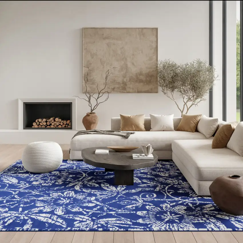 Ivory and Navy Blue Floral Distressed Non Skid Area Rug Photo 3