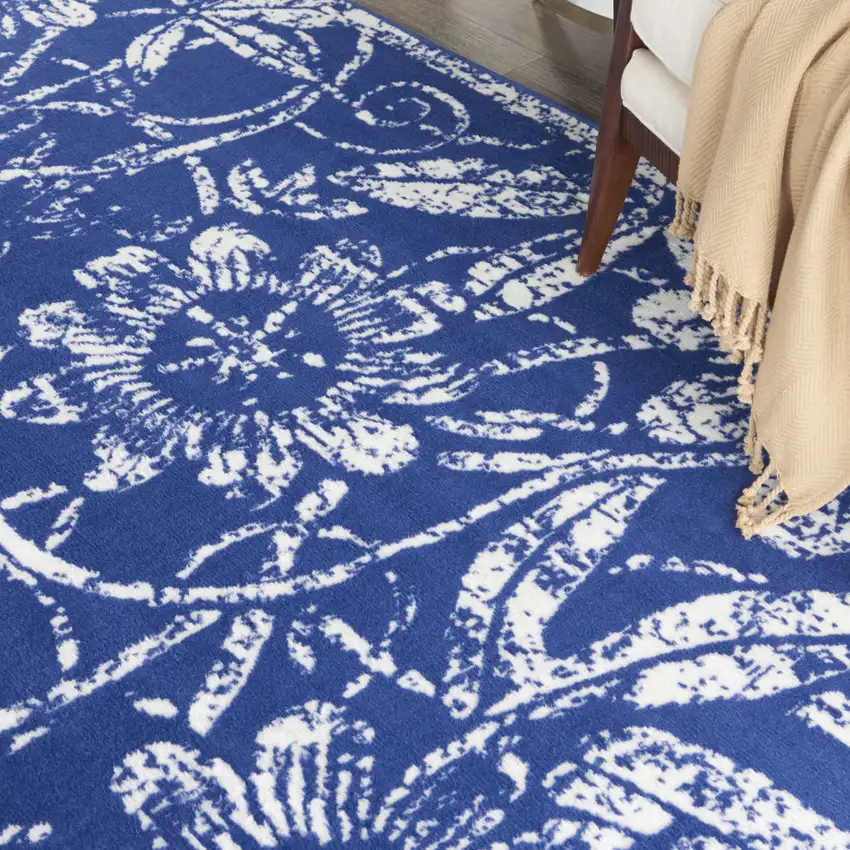 Ivory and Navy Blue Floral Distressed Non Skid Area Rug Photo 5
