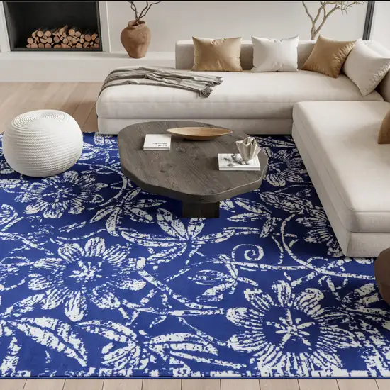 Ivory and Navy Blue Floral Distressed Non Skid Area Rug Photo 6