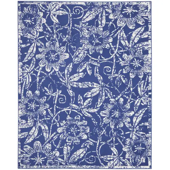 Ivory and Navy Blue Floral Distressed Non Skid Area Rug Photo 1