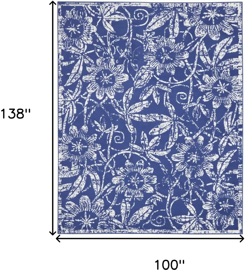 Ivory and Navy Blue Floral Distressed Non Skid Area Rug Photo 3