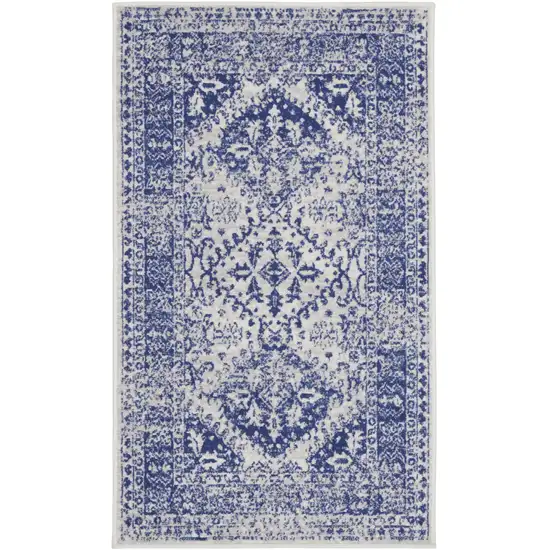 Ivory and Navy Blue Geometric Distressed Area Rug Photo 1