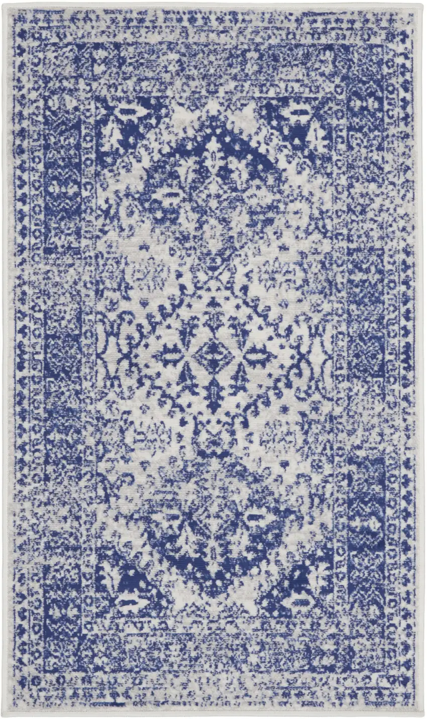 Ivory and Navy Blue Geometric Distressed Area Rug Photo 1