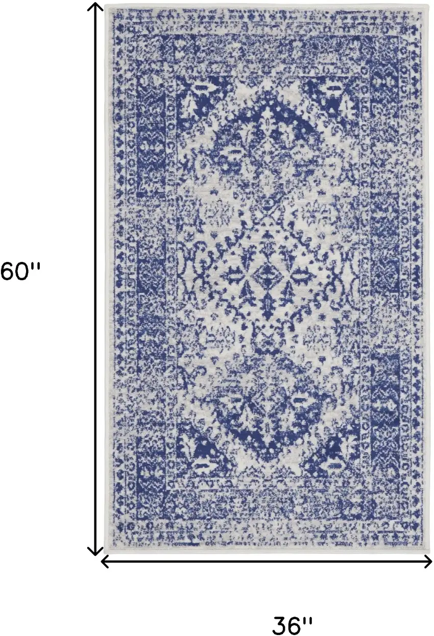 Ivory and Navy Blue Geometric Distressed Area Rug Photo 3