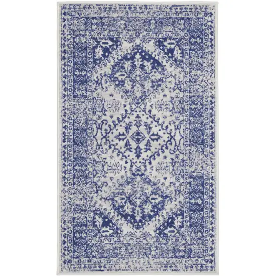 Ivory and Navy Blue Geometric Distressed Area Rug Photo 2