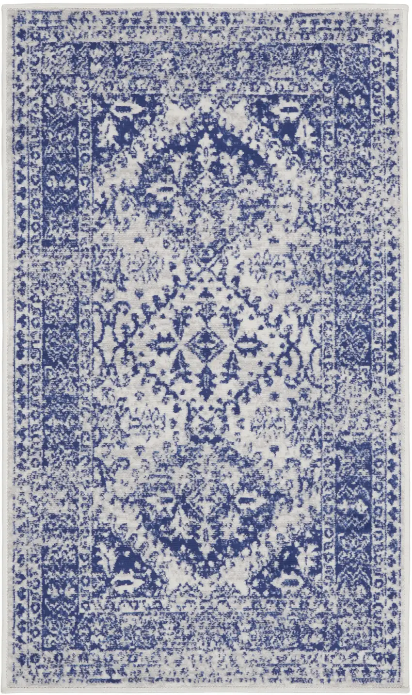 Ivory and Navy Blue Geometric Distressed Area Rug Photo 2