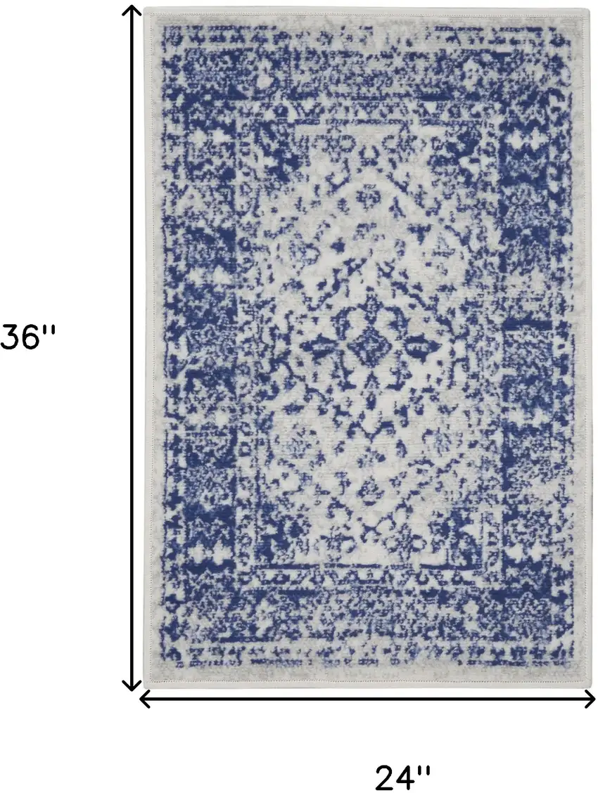 Ivory and Navy Blue Geometric Distressed Area Rug Photo 3