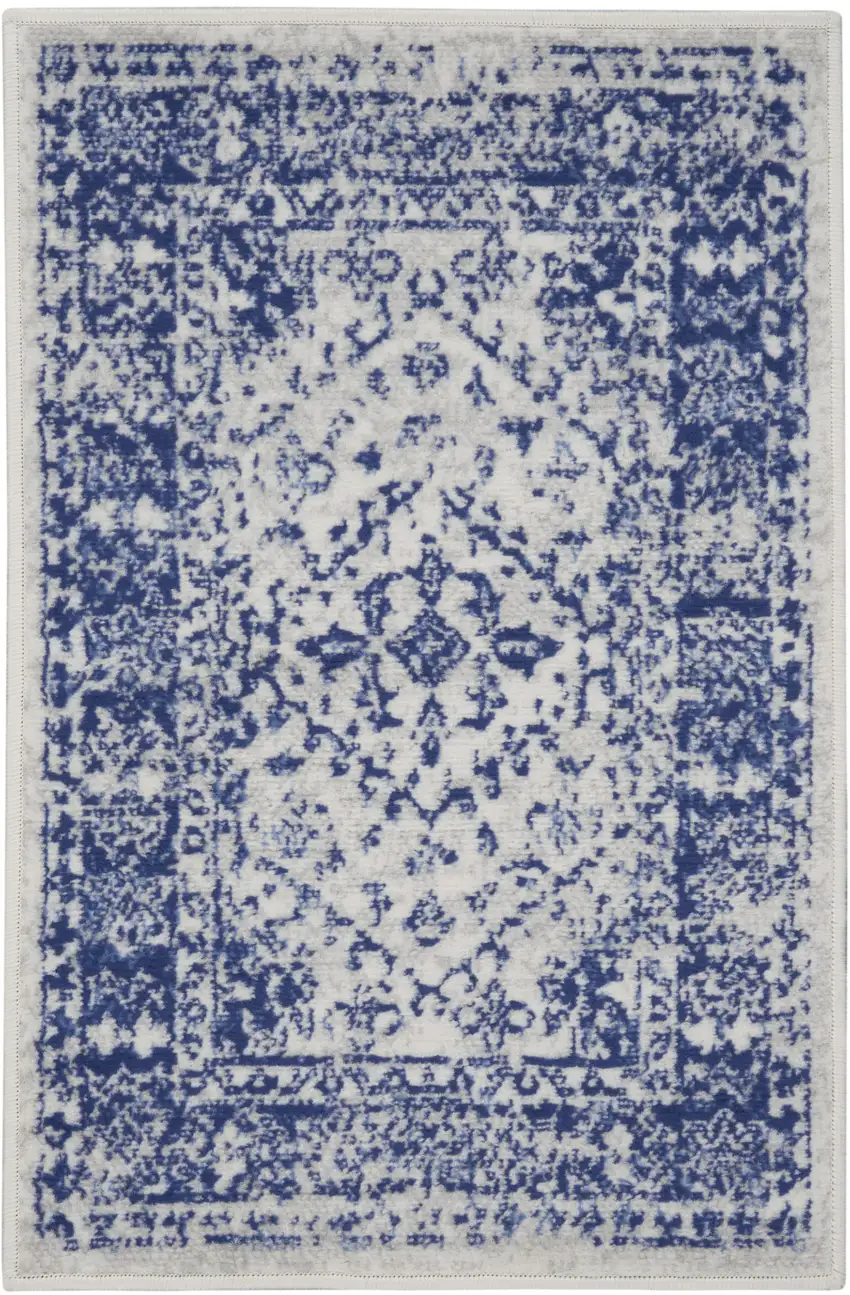 Ivory and Navy Blue Geometric Distressed Area Rug Photo 2
