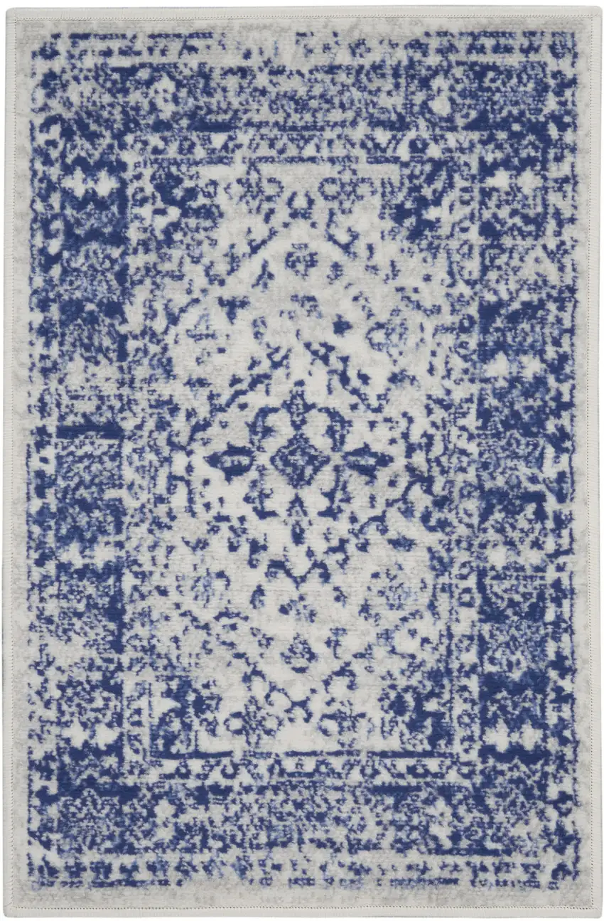 Ivory and Navy Blue Geometric Distressed Area Rug Photo 4