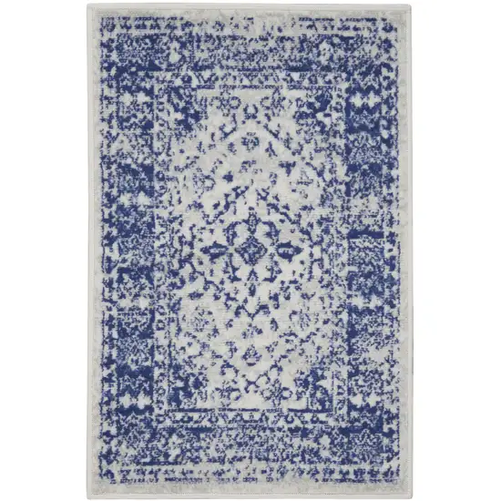 Ivory and Navy Blue Geometric Distressed Area Rug Photo 1