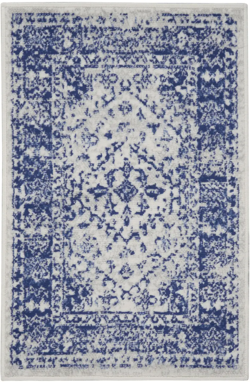 Ivory and Navy Blue Geometric Distressed Area Rug Photo 1