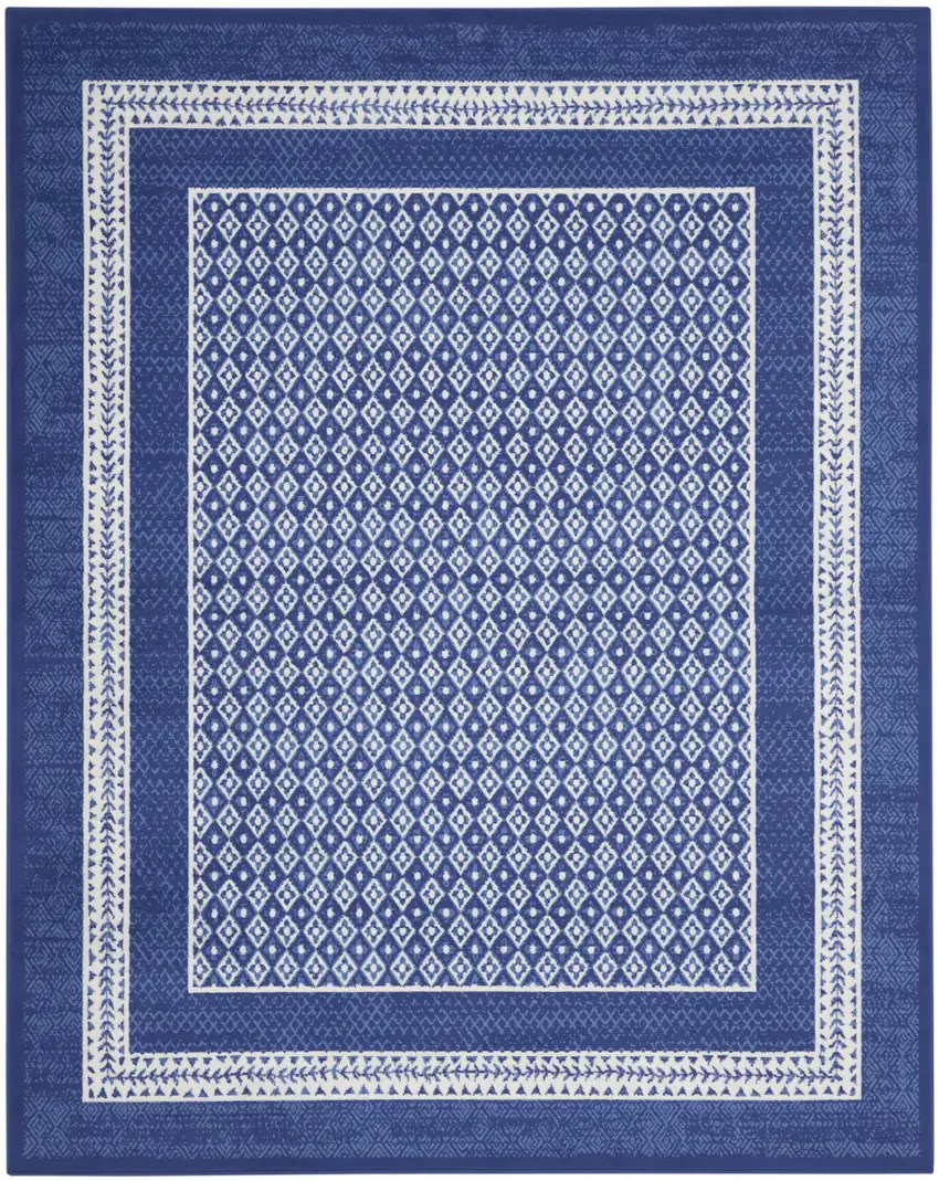 Ivory and Navy Blue Geometric Distressed Non Skid Area Rug Photo 2