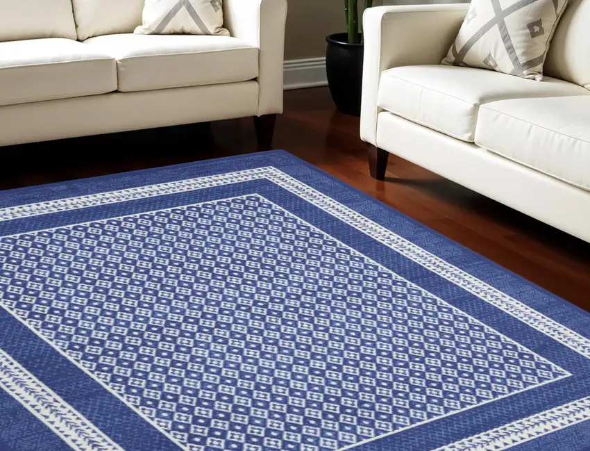Ivory and Navy Blue Geometric Distressed Non Skid Area Rug Photo 1