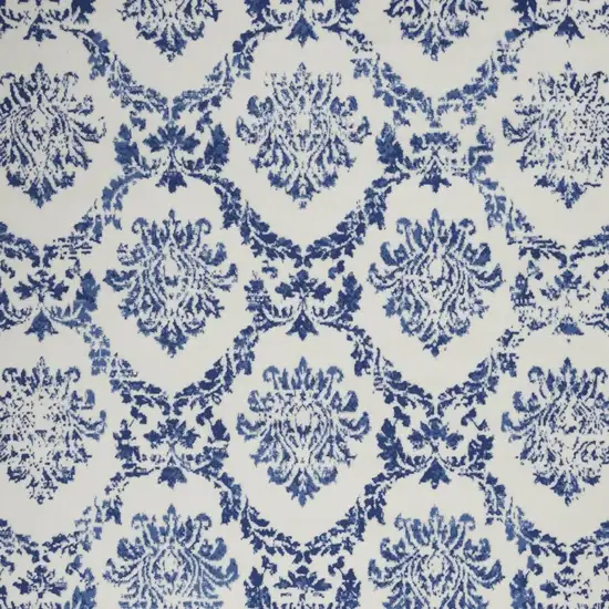 Ivory And Blue Damask Distressed Area Rug Photo 1