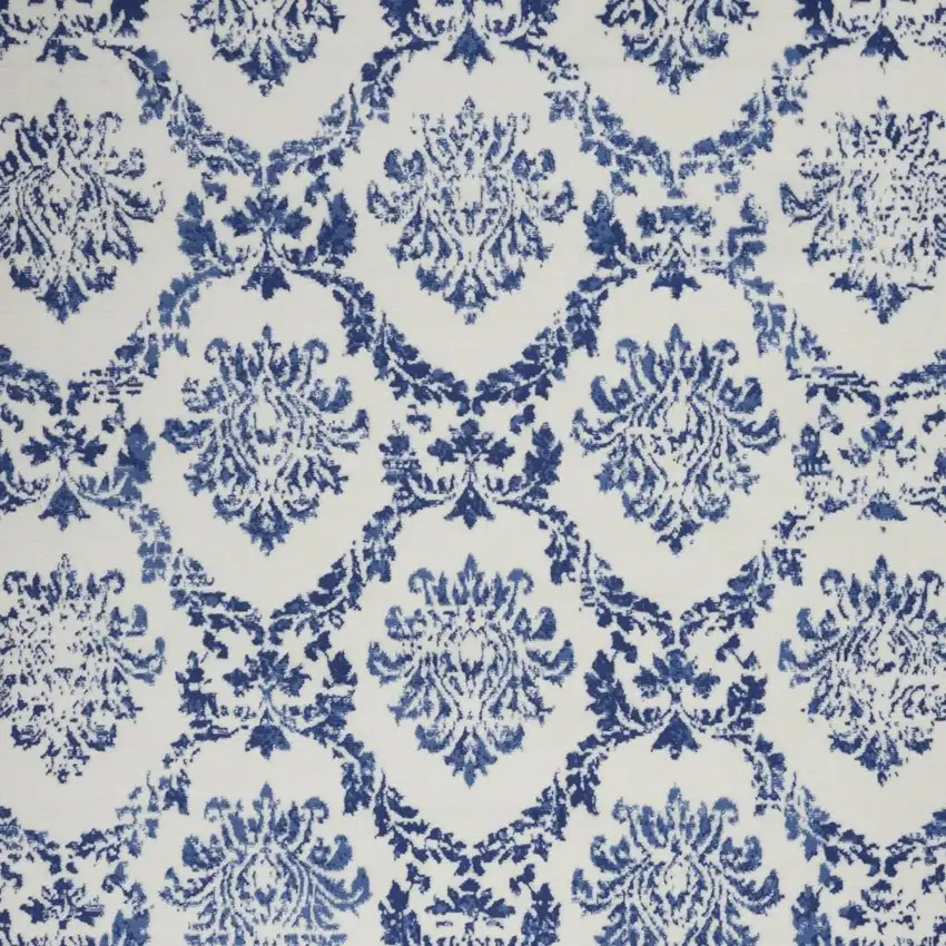 Ivory And Blue Damask Distressed Area Rug Photo 1
