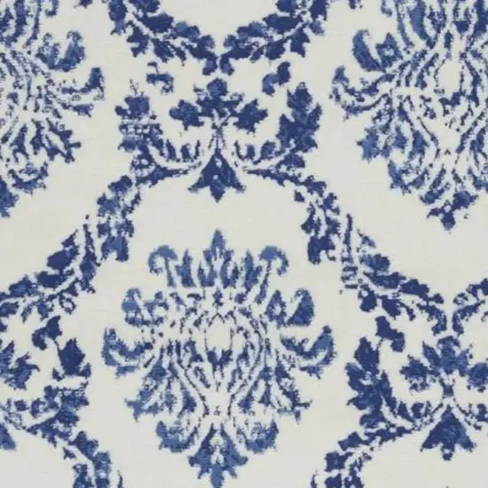 Ivory And Blue Damask Distressed Area Rug Photo 3